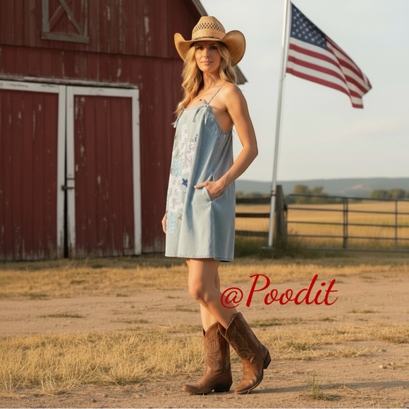 PEACH LOVE CALIFORNIA  America denim halter style sequin front mini dress S M L - Picture 4 of 7